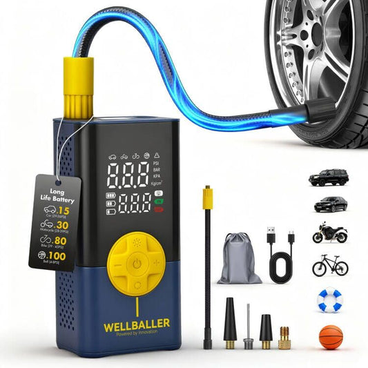 Tire Inflator Portable Air Compressor,Long Battery Life Bike air Pump with Digital Pressure Gauge & LED Light,150PSI Cordless Air Pump for Bike Tires,Fast Inflation for Car,Motorcycle,Bicycle,Ball - color: Blue