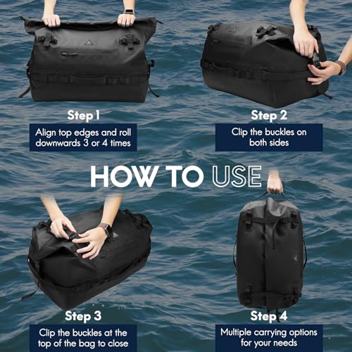 Haimont IPX7 Waterproof Roll-Top Dry Duffel Backpack | 60L/90L Sizes, 500D Tarpaulin, Welded Seams, Mesh Pockets, Boating & Kayaking - color: Black, size: 60L