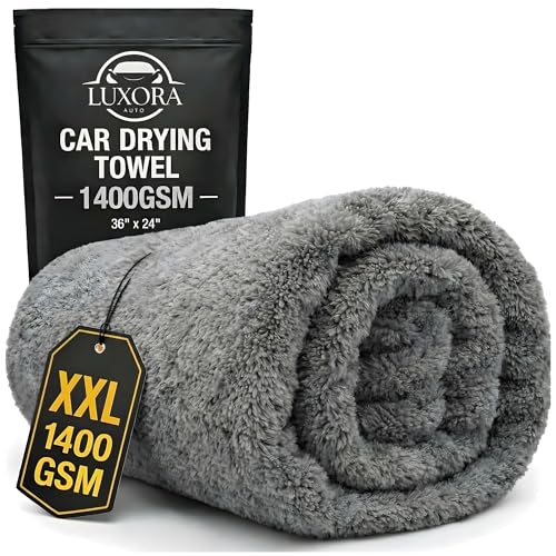 Car Drying Towel Extra Large 36" x 24" 1400 GSM Twisted Loop Microfibre - Charcoal Drying Towel Car Detailing, Double-Sided Edgeless Design, Super Absorbent, Durable Machine Washable and Lint-Free