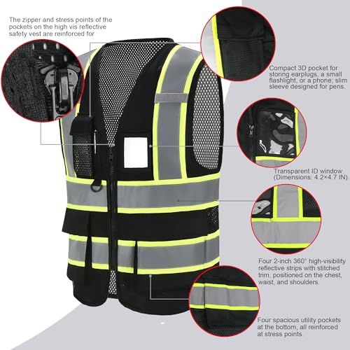 A-SAFETY Mesh High Vis Vest Lightweight Reflective Construction Vest with Pockets Safety Vest for Men/Women - color: Black, size: X-Small