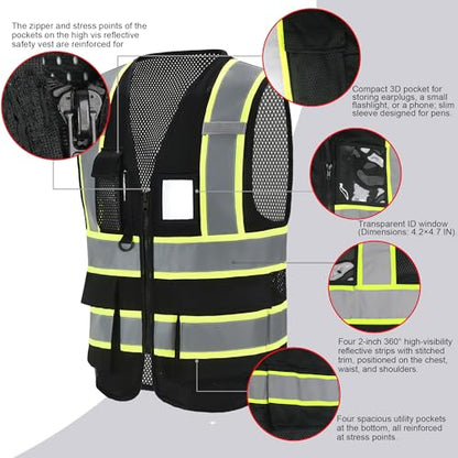 A-SAFETY Mesh High Vis Vest Lightweight Reflective Construction Vest with Pockets Safety Vest for Men/Women - color: Black, size: Small