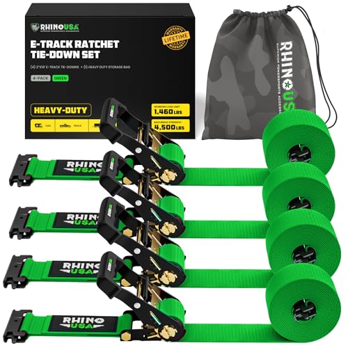 Rhino USA E Track Ratchet Tie Down Straps (4,500lb Break Strength) - Includes (4) Premium 2" x 16' eTrack Tie Downs - Ultimate Heavy Duty eTrack Cargo Strap System for Trailer, Truck, Motorcycle - color: Green, size: 4PK