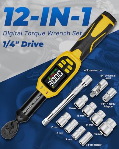 YIYEIE 1/4" Digital Torque Wrench Set | 13.5-265 in-lb | ±1% Accuracy | Deep-Reach Head | Smart Alert Multi | 12PC Bike Torque Wrench Digital for MTB/Motorcycle, with Sockets & Adapters - size: 12PCS, style: 1/4-Inch (13.5-265 in.lb)