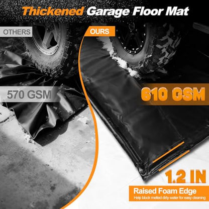 Garage Floor Mat 8'6" x 20', Heavy Duty 1300D PVC Containment Mat with Floor Squeegee, Waterproof Protection from Snow, Rain and Mud for Cars, Black - size: 8'6" x 20'