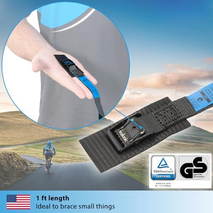 valonic ANT - Short Lashing Strap, Padded, 4 Pieces, 1 ft, 350lbs Breaking Strength, cam Buckle, Black - tie Down Straps for Bike Rack - size: 1.1 FT