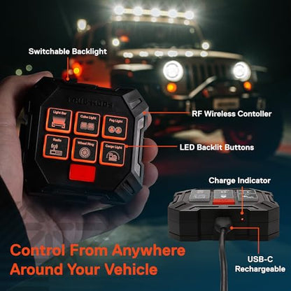 True MODS 12V DC Wireless 6 Gang Switch Panel Controller Kit [USB-C Rechargeable] Universal Pre-Wired Waterproof Fuse Relay Switch Box Aux Control for Automotive Vehicle Car Marine Boat Jeep UTV RV - style: Prewired Fuse/Relay Kit + Switch Box