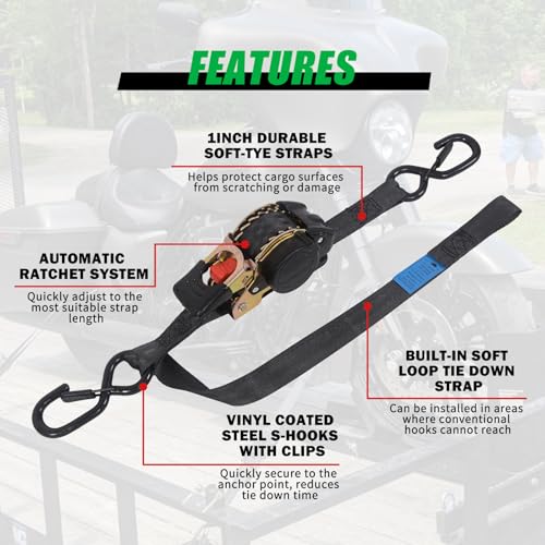 MOTO4U Auto Retractable Ratchet Straps 4-Pack | 1” x 10ft (1500lb Break Strength) | Heavy Duty Motorcycle Tie Downs Straps with Integrated Soft Loops for Truck, Trailer, Motorcycle - color: 4 Pack