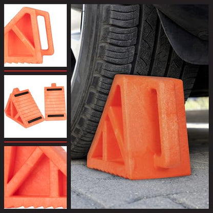 Wheel Chocks 2-Pack - Parking Block Set with 3 Ton Capacity - Wheel Chocks for RV Trailer, Motorcycle, Camper, Trucks, or Cars by Stalwart (Orange)