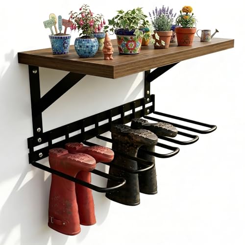 Decoroca Wall Mount Boot Rack, Garden Tool Organizer With 5 Curved Hooks & Wood Shelf, Heavy Duty Wader Boot Hangers Organizer Rack Trays for Outdoor/Indoor, Garden, Garage (4 Pack) - size: 4 Pcs