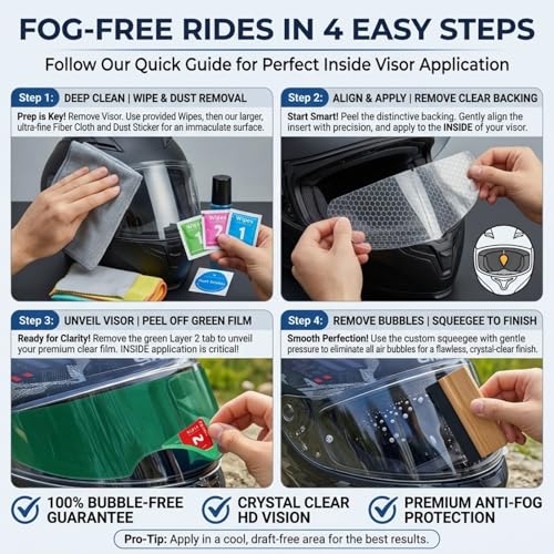 Motorcycle Helmet Anti-Fog Film, Universal Visor Insert, Clear Anti-Fog + Rainproof HD Lens Protector for Safer Riding, Easy Install (4 Pack)