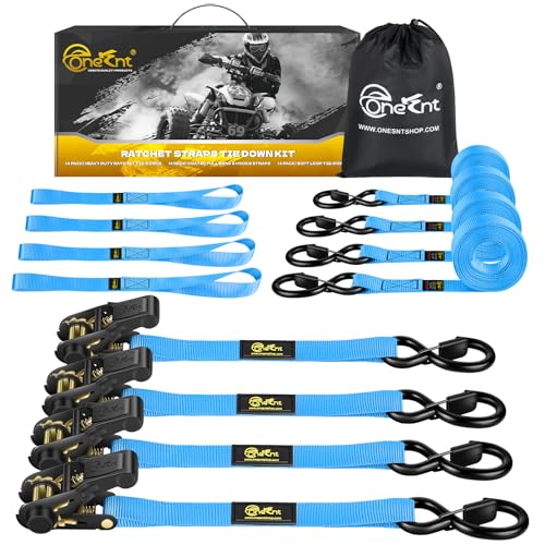 4Pcs Ratchet Tie Down Straps Kit for 2400lb Break Strength | 1” x 16FT Tie Down Straps with Soft Loop Tie-Downs & Safety S Hook - Cargo Strap Tie Down for Trucks, Motorcycle, Moving, Appliances - Blue - color: Blue