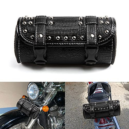 Universal Motorcycle Handlebar Tool Bag - Black PU Crocodile Leather Side Bag With Rivets for Sissy Bar or Rear Carrier - color: Black 4