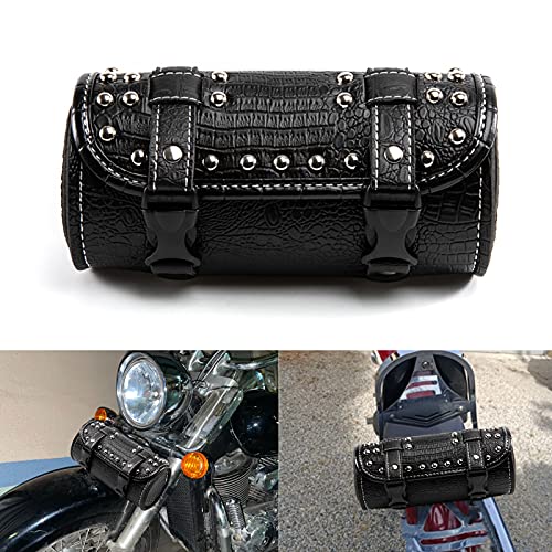 Universal Motorcycle Handlebar Tool Bag - Black PU Crocodile Leather Side Bag With Rivets for Sissy Bar or Rear Carrier - color: Black 4