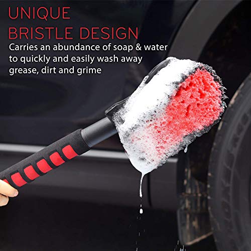 TAKAVU 17.5" Long Handle Tire Brush - Soft Bristle Wheel & Tire Cleaning Brush for Car, Scratch-Free Gentle Brush Reaches Wheel Wells, Safe for Chrome Rims & Alloy Wheels (Red) - color: Red