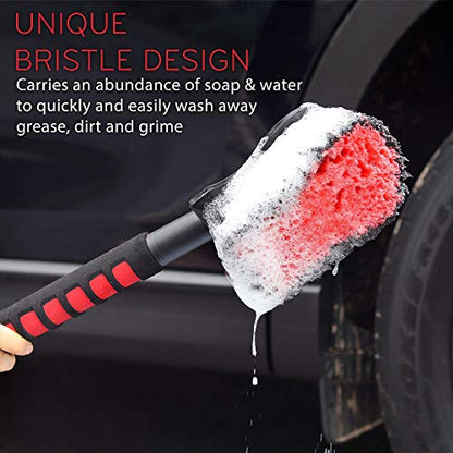 TAKAVU 17.5" Long Handle Tire Brush - Soft Bristle Wheel & Tire Cleaning Brush for Car, Scratch-Free Gentle Brush Reaches Wheel Wells, Safe for Chrome Rims & Alloy Wheels (Red) - color: Red