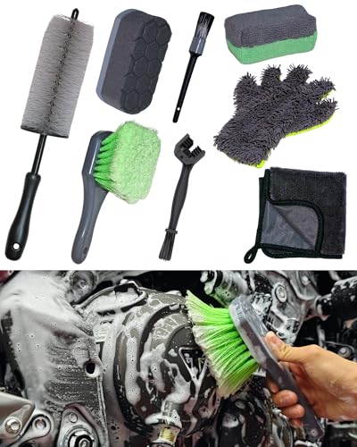 oesee 8 Pack Motorcycle Cleaning Kit - Professional Safe for Chrome/Engine/Tires, Hard Reach Brush, Microfiber Mitt, Detailing Tools, Drying Towel & Wax Applicators