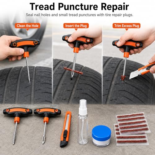 Flat Tire Repair Kit with Plugs 18 Pcs,Heavy Duty Sidewall Tire Repair Patch Tool Kit for Car,Motorcycle,ATV,UTV,SXS,Truck,Tractor,Parches para Llantas De Carro
