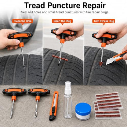 Flat Tire Repair Kit with Plugs 18 Pcs,Heavy Duty Sidewall Tire Repair Patch Tool Kit for Car,Motorcycle,ATV,UTV,SXS,Truck,Tractor,Parches para Llantas De Carro