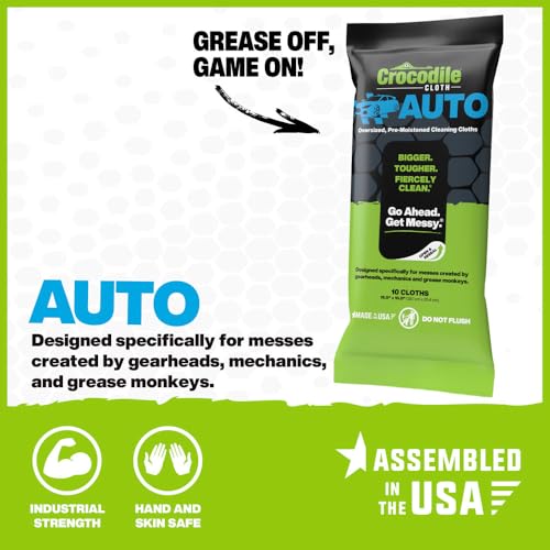 Crocodile Cloth Auto Cleaning Wipes – 10 XL (15" x 10") Disposable Wipes for Car Engine Degreasing, Body Detailing & Tire Cleaning – Cuts Grease, Oil, Adhesives on Hands, Tools, Parts & More - size: 10 Count (Pack of 1)
