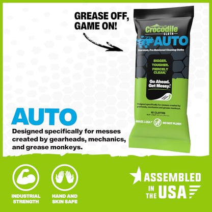 Crocodile Cloth Auto Cleaning Wipes – 10 XL (15" x 10") Disposable Wipes for Car Engine Degreasing, Body Detailing & Tire Cleaning – Cuts Grease, Oil, Adhesives on Hands, Tools, Parts & More - size: 10 Count (Pack of 1)