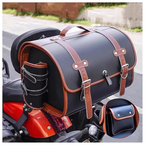 Motorcycle Top Case for Indian Scout, Leather Tail Bag Weather Resistant Trunk Bag, Thing Storage Motor Saddle Pannier Bag, Motorcycle Saddle Bags,B Black + Brown - color: B Black + Brown