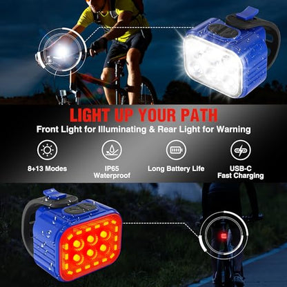 WORKPRO Bike Lights Set [8+13 Modes], Rechargeable Bicycle Light Set Ultra Bright, IP65 Waterproof Bike Lights for Night Riding, 1200mAh Bike Headlight and Tail Light Reflectors - color: Blue