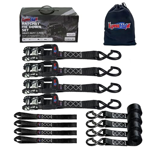 Ratchet Tie Down Straps, 1.6" x 8', 5280 lbs Break Strength, Heavy Duty Ratchet Straps with Padded Handles, Coated S-Hooks, Safety Clips & Soft Loops for Truck, ATV, UTV, Motorcycle & Cargo, Black - color: Black, size: 1.6IN x 8FT
