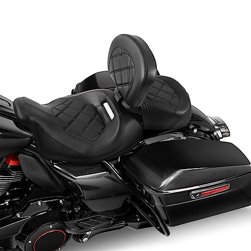 TCT-MOTORPARTS Low-Profile Driver Passenger Seat w/Driver Rider Backrest Pad Fits for Harley Touring 2009-2023 Street Glide CVO Road Glide Electra Glide Ultra-Classic Road King Black Stitching - color: Seat+Driver Backrest Black