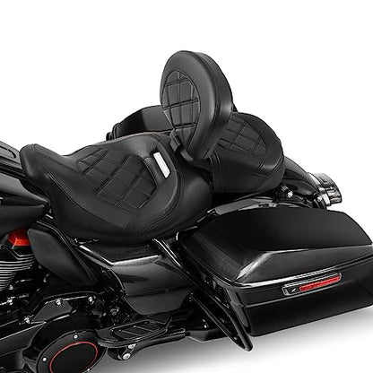 TCT-MOTORPARTS Low-Profile Driver Passenger Seat w/Driver Rider Backrest Pad Fits for Harley Touring 2009-2023 Street Glide CVO Road Glide Electra Glide Ultra-Classic Road King Black Stitching - color: Seat+Driver Backrest Black