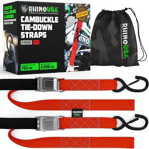 Rhino USA Motorcycle Tie Down Straps (2 Pack) Lab Inspected 2,200lb Break Strength, Steel Cambuckle Tiedown Set with Integrated Soft Loops - Better Than a Ratchet Strap (Red 2-Pack) - color: Red 2-Pack