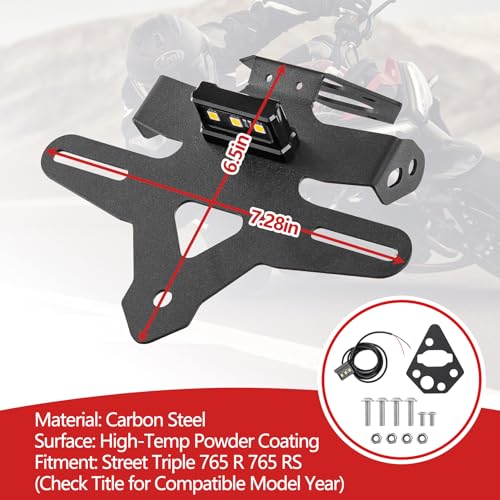 Motorcycle License Plate Bracket for Street Triple 765 R 765 RS 2020 2021 2022 2023 2024 2025 2026, Fender Eliminator With LED Light, Motorcycle Tail Tidy License Plate Holder Mount