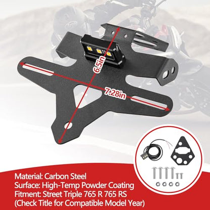 Motorcycle License Plate Bracket for Street Triple 765 R 765 RS 2020 2021 2022 2023 2024 2025 2026, Fender Eliminator With LED Light, Motorcycle Tail Tidy License Plate Holder Mount
