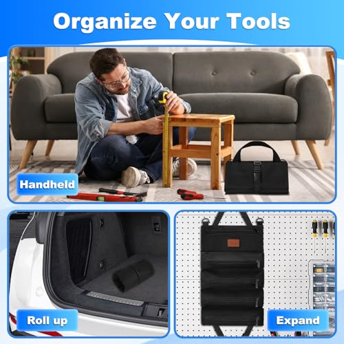 Roll up Tool Bag, Heavy Duty Portable Tool Organizer with Waterproof Oxford Cloth and Zipper Pouch, Rollable Carrying Storage for Mechanics Electricians and Repairmen, Black