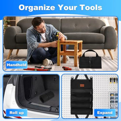 Roll up Tool Bag, Heavy Duty Portable Tool Organizer with Waterproof Oxford Cloth and Zipper Pouch, Rollable Carrying Storage for Mechanics Electricians and Repairmen, Black