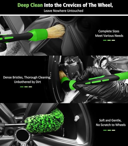 YeewayVeh 8PCS Ultimate Wheel and Tire Brush Kit | 2-Size 360° Bendable Rim Brushes, Boar Hair Detailing Brush, Tire Shine Applicators & Microfiber Towel | Complete Scratch-Free Cleaning & Shining Set - color: Green/Black/Gray, size: 8-Pack