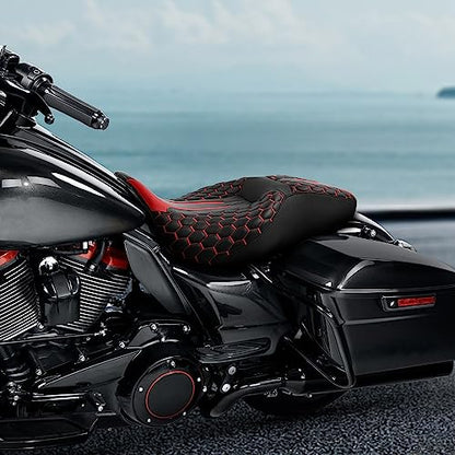C.C. RIDER Gel 2 Up Rider Driver&Passenger Seat Fit for Harley Touring Road King Street Glide Electra Glide Tri 2009-2023 - color: Black Red Gel Seat