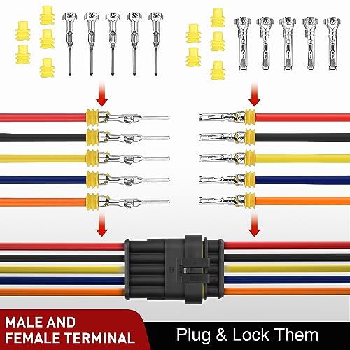 Nilight 220PCS 5 Pin Electrical Connector ‎Plug Male Female Terminal Wire Connectors Waterproof 5 Way Automotive Connect Set for Car Truck Motorcycle Marine Boat 10 Sets - size: 5Pin Connector 200Pcs