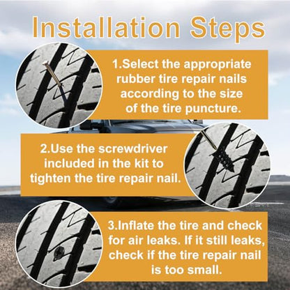 64 PCS Tire Repair Screws Rubber Nail Kit, 4 Sizes Screw in Tire Plugs | with Screwdriver & 3 Pairs Gloves, Fast Air-Tight Puncture Repair Tool for Car, Truck, Motorcycle, No Messy Glue