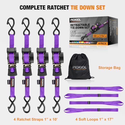 Retractable Ratchet Straps (4-Pack) - 1 Inch x 10 Feet (1,764lb Break Strength) - Heavy Duty Auto Self Retracting Tie Down Straps for Truck, Cargo Trailer, Motorcycle, ATV, UTV – Purple - color: Purple