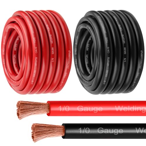 MOOKEERF 1/0 Gauge Battery Cable - 25FT Red + 25FT Black 1/0 AWG Welding Cable Flexible Stranded Oxygen-Free Pure Copper Wire for Automotive, Battery, Inverter, Solar, Marine and Generator - color: 25ft Black + 25ft Red, size: 1/0AWG