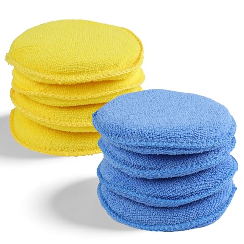 REGUICORP Polishing Pad 8 PCS, 5 Inch Diameter Round Microfiber Applicator Pad, Washable Reusable Car Wax Applicator Pad for Car Cleaning and Fine Polishing (Yellow and Blue)
