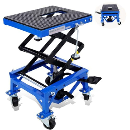 Hydraulic Motorcycle Lift Table, 350 lbs Capacity Scissor Jack Lift with Wide Deck, J-Hooks, 4 Wheels, Foot-Operated Jack Stand for ATV Dirt Bikes (Blue) - color: Blue