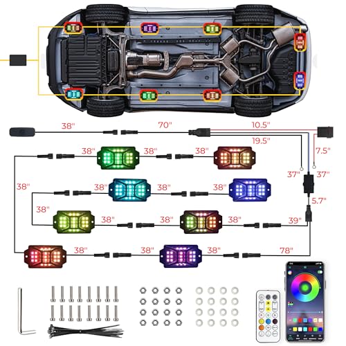 8 Pods Full Angle RGB Rock Lights Compatible with 12V Trucks Jeep UTV SUV ATV Boat Golf Cart, Waterproof, Multi-Color,Brake Light, App/Remote Control Led Rock Lights with Music Mode(Patented) - size: 8 Pods-Full Angle-(New 3 Control Mode)-12V