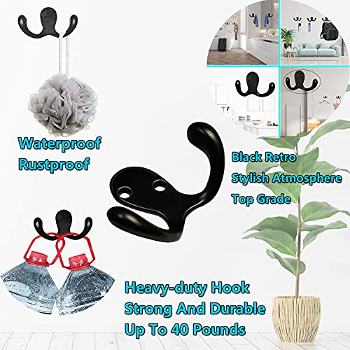 3 Pack Black Double Prong Coats Towel Hooks For Bathrooms Wall Mounted Shower Rustproof, 1.37 Oz Retro Wall Hooks Heavy Duty Hanging Towels Coat Hat Loofah Robe Key Scarf Bag Cap Kitchen Accessories
