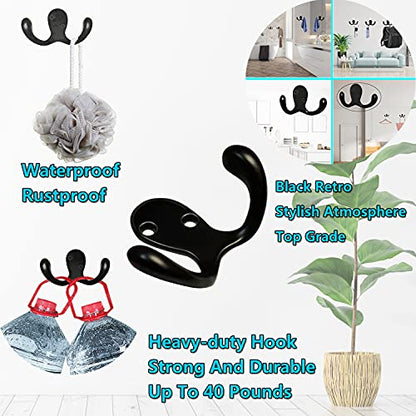 3 Pack Black Double Prong Coats Towel Hooks For Bathrooms Wall Mounted Shower Rustproof, 1.37 Oz Retro Wall Hooks Heavy Duty Hanging Towels Coat Hat Loofah Robe Key Scarf Bag Cap Kitchen Accessories