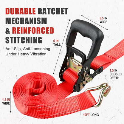 AWELCRAFT Ratchet Straps Heavy Duty 4 Pack,4500lbs Breaking Strength,1.5in×15ft Tie Down Ratcheting Strap with Padded Handles, Double J Hooks & Soft Loops for Motorcycle,Trailer & Trucks (Red) - color: Red