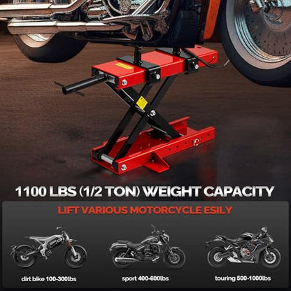 TUFFIOM 1100LBS Motorcycle Scissor Lift Jack, Height Adjustable with Safety Pin & Support Saddles, Foldable Motorcycle Center Stand for Dirt Bike ATV, Red - size: w/Support Saddles