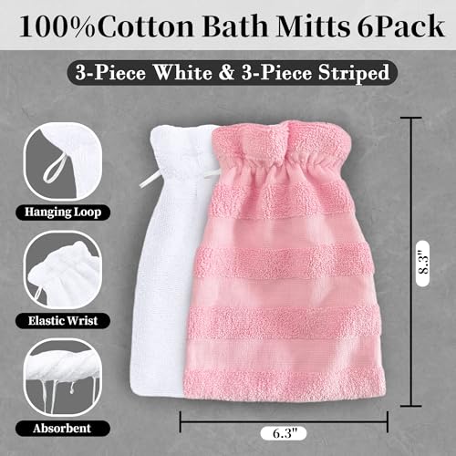 VOOVA & MOVAS 6-Pack Wash Mitts for Body, 100% Cotton Soft Absorbent Wash Cloths with Hanging Loop, 8.3x6.3 Inch European Style Wash Gloves for Shower & Spa, Jacquard Pink Stripe & White - color: Jacquard Pink Stripe & White