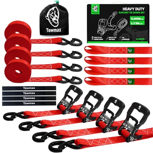 Ratchet Straps Heavy Duty 4 Pack -1.5 Inch x 15 Feet (5,208LB Break Strength)- Motorcycle Tie Down Straps -1.5xThickened Wear-Resistant Ratchet Tie Down Set for Powersports, Motorcycle or Moving Cargo - color: Red, size: 5208ft - 15ft