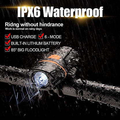 Bike Lights, Super Bright Bike Front Light 1200 Lumen, IPX6 Waterproof 6 Modes Cycling Light Flashlight Torch with USB Rechargeable Tail Light(USB Cable Included) - color: Black